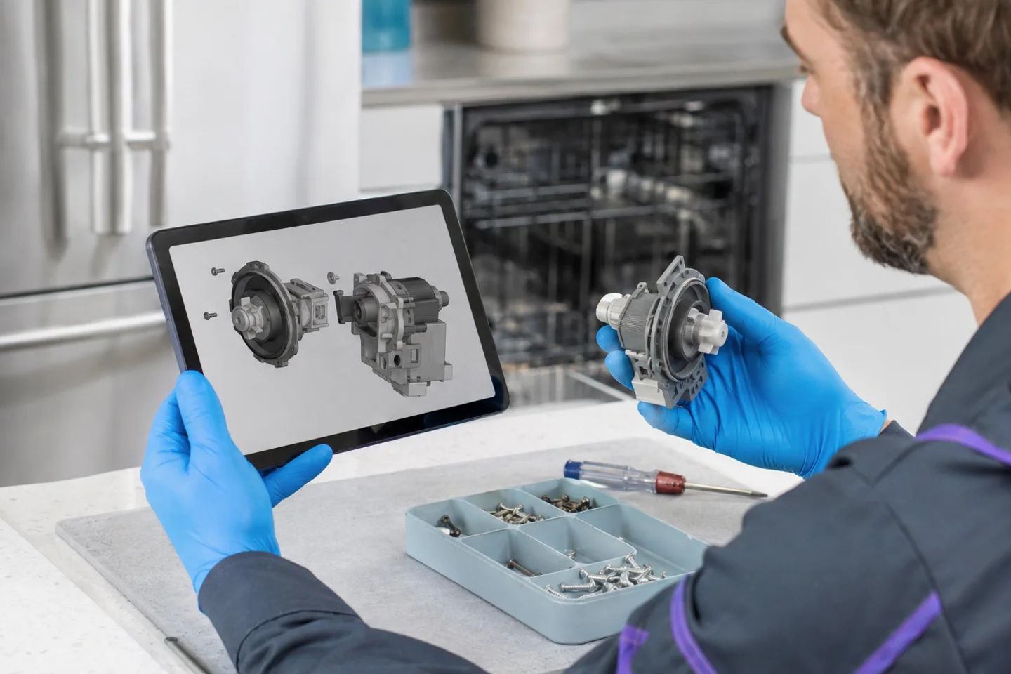 Technician comparing an appliance component with model-specific parts information